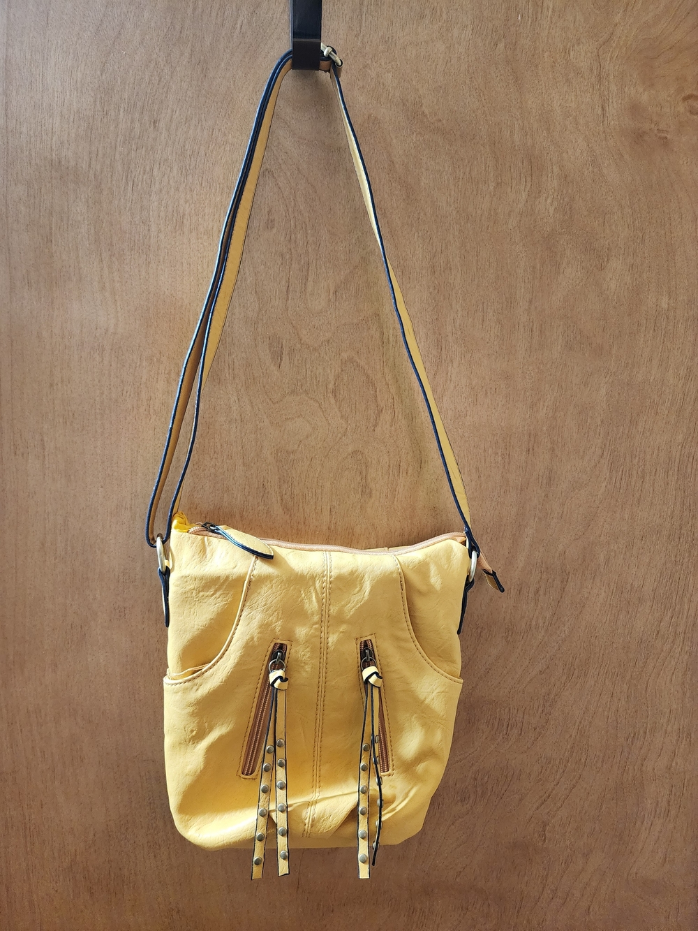Bueno Yellow Washed Faux Leather Crossbody Handbag Multi Zip Fringe Accents NWOT